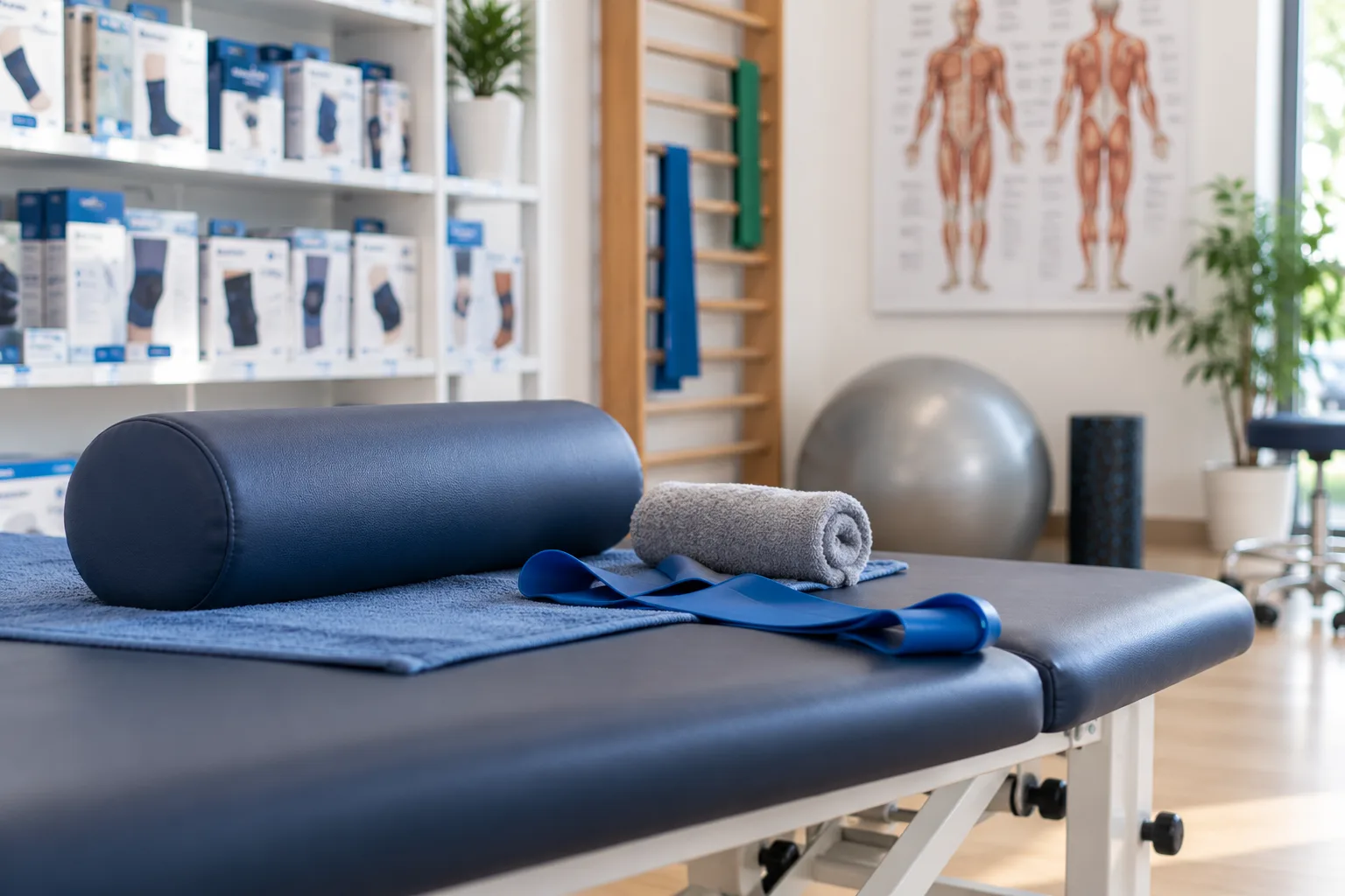 Physiotherapieliege mit Trainingsband, Lagerungsrolle und Handtuch in einem modernen Sanitätsfachhandel mit orthopädischen Hilfsmitteln.