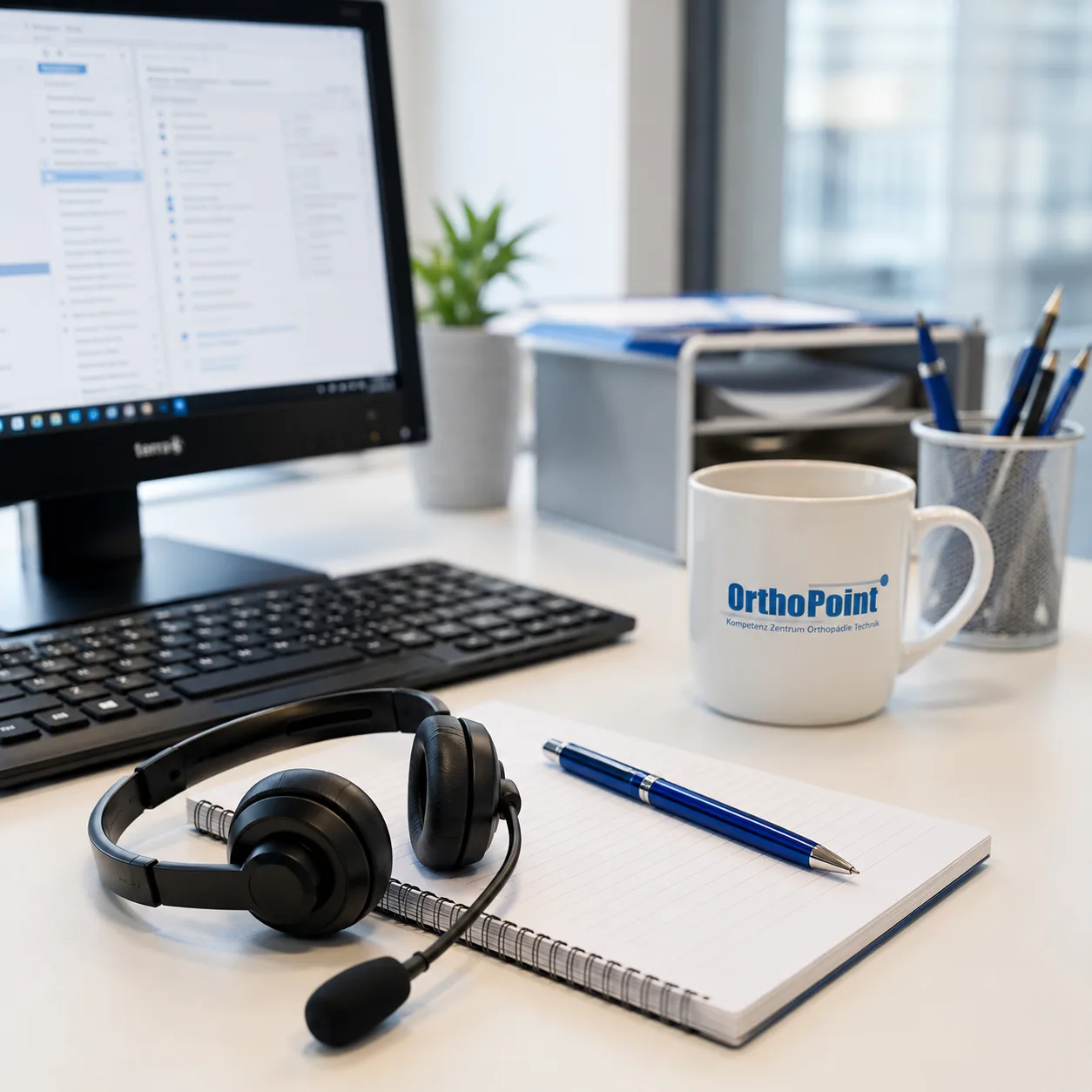 Büroarbeitsplatz mit PC und Headset sowie Stift und Block in eine Büro bei OrthoPoint.