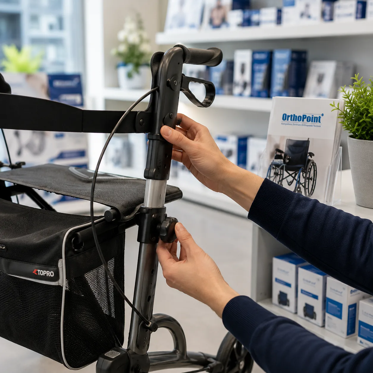 Sanitätshausfachverkäuferin präsentiert einen Rollator in einem Sanitätshaus.
