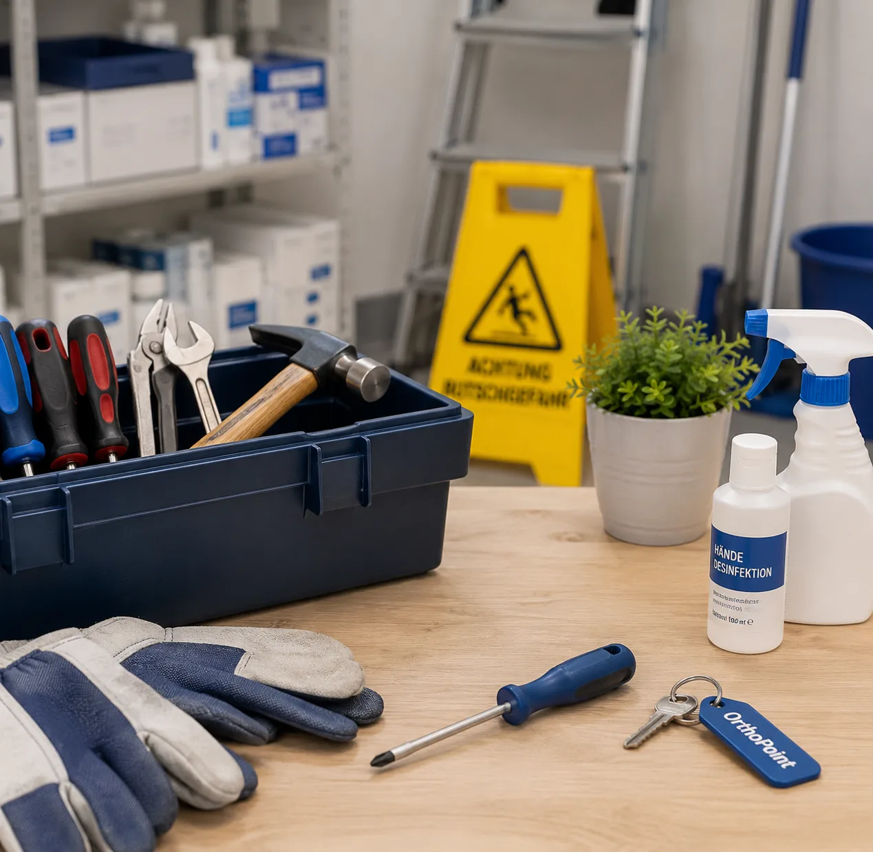 Bild von einem Arbeitsplatz eines Hausmeisters mit Werkzeug, Handschuhen, etc.